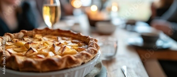 Fototapeta Homemade apple pie dessert on wooden table with blurred background ambiance