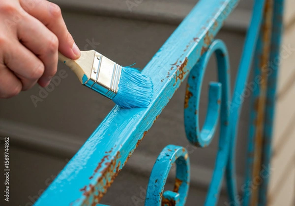 Fototapeta Close-up of brush applying glossy blue paint on a rusty iron railing