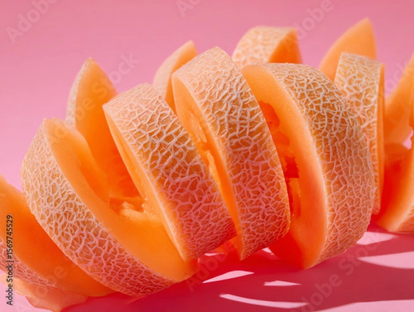 Fototapeta Fresh melon slices on a pink background.
