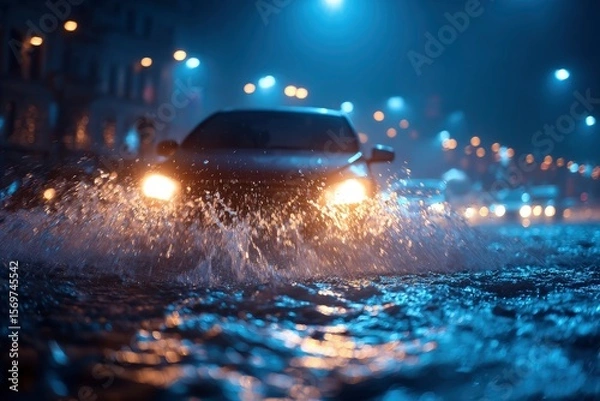 Obraz A car driving through a flooded street at night its headlights illuminating the water spray