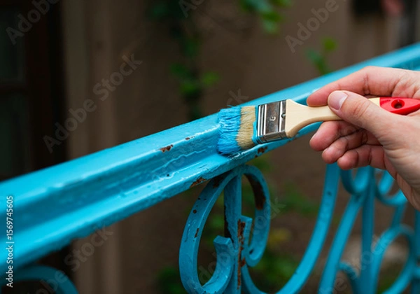 Fototapeta Close-up of brush applying glossy blue paint on a rusty iron railing