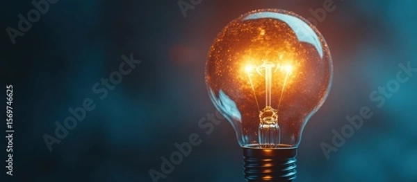Fototapeta Glowing filament bulb illuminating against a dark teal misty background