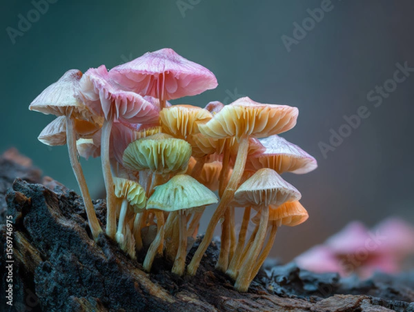 Fototapeta Colorful mushrooms growing on a log.