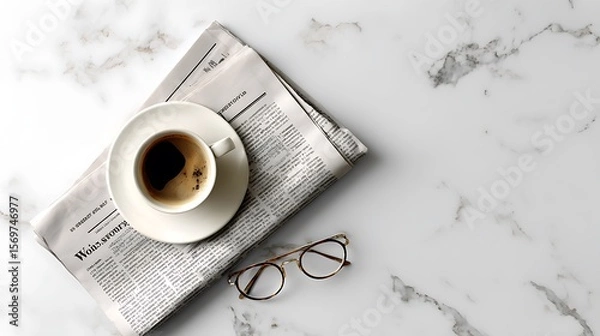 Fototapeta A minimalist flat lay of coffee cup eyeglasses and newspaper on marble table in natural light top down perspective