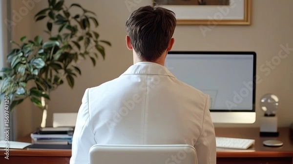 Fototapeta Young man working on computer, elegant, modern office background, view from the back