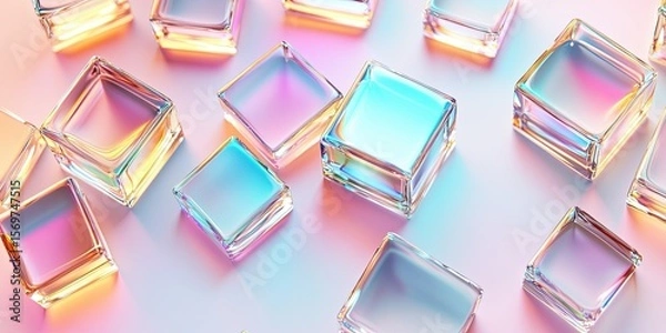 Fototapeta Colorful 3D glass shapes with prism light reflections in a geometric pattern on soft background
