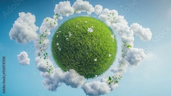 Fototapeta Lush green grass planet surrounded by clouds and white flowers in a peaceful blue sky