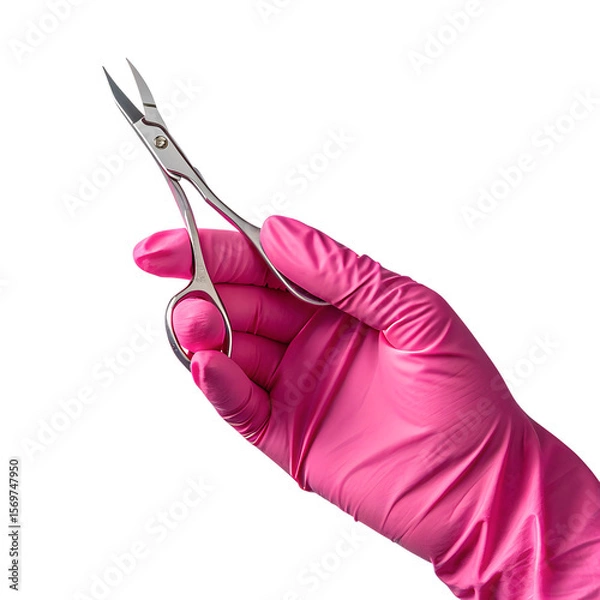 Fototapeta A hand wearing a pink latex glove holds a pair of stainless steel nail scissors. The background is black, emphasizing the tools used for nail care.