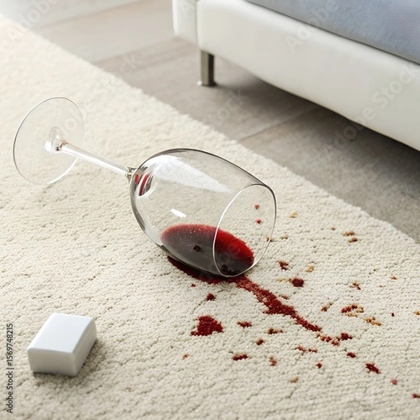 Fototapeta A broken wine glass lies on a carpet, spilling red wine. A small white object is nearby. The scene suggests an accident or mishap in a living room setting.