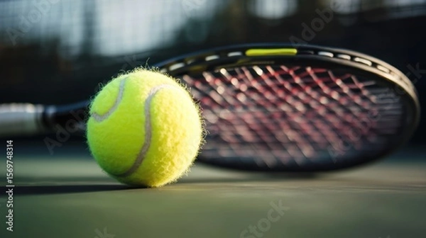 Fototapeta Illuminated tennis ball poised before a blurry racket on the court surface