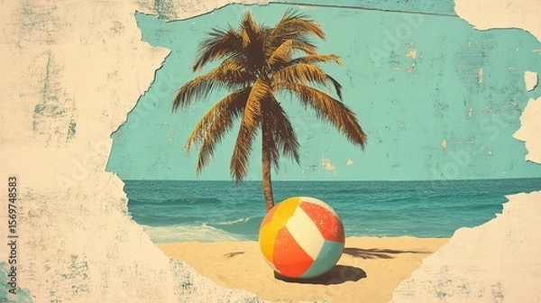 Fototapeta Tropical beach scene with palm tree and colorful beach ball on sand against textured blue background