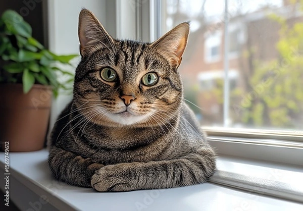 Fototapeta Gray cat lounging by a sunny window with a plant nearby.