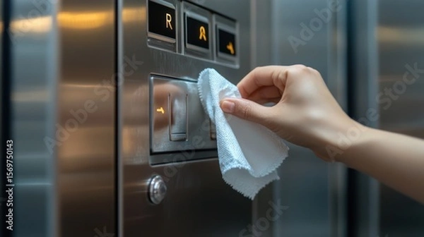 Fototapeta Disinfecting elevator buttons with a soft cloth for hygienic safety precaution