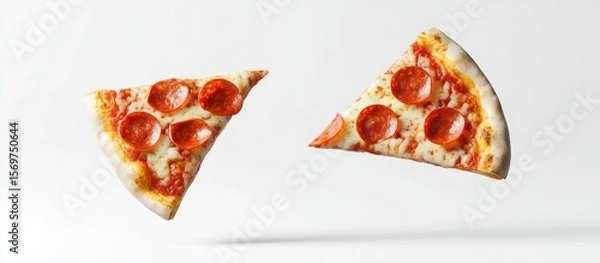 Fototapeta Two appetizing slices of pepperoni pizza floating against a clean white backdrop