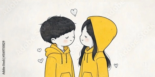 Fototapeta Cute couple in matching yellow hoodies standing face to face with hearts around them