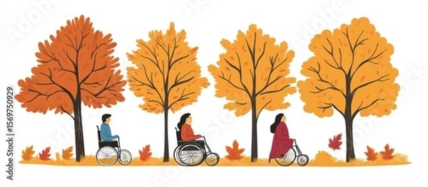 Fototapeta Inclusive Autumn Outing: People with Disabilities Enjoying Fall Scenery in a Park