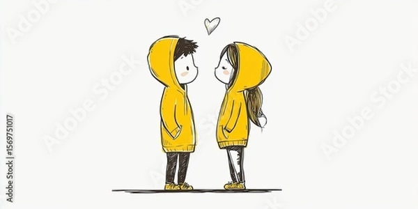 Fototapeta Simple illustration of a young couple in love wearing yellow hoodies with heart details