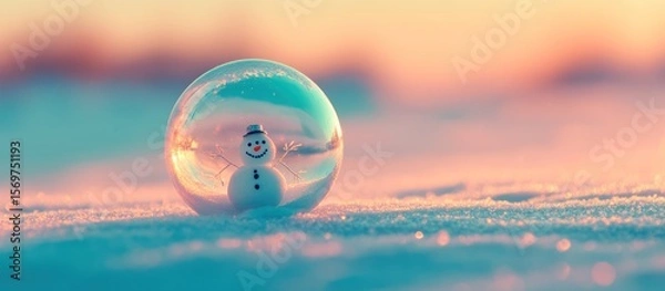 Fototapeta Charming miniature snowman inside a crystal ball, set against a frosty winter backdrop