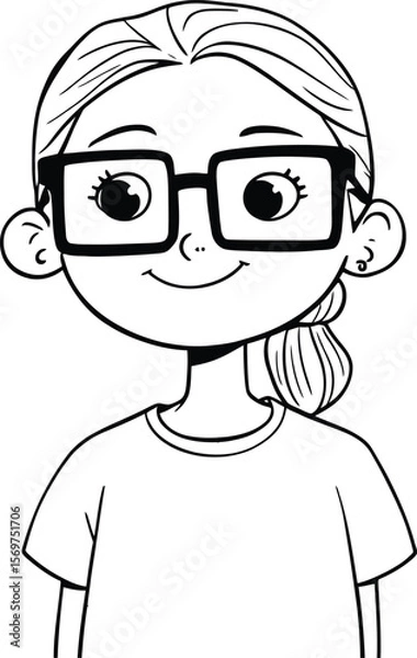 Obraz Bright Mind — Cartoon Portrait of Smiling Character with Large Glasses, Ponytail, and Earrings in Casual T-Shirt