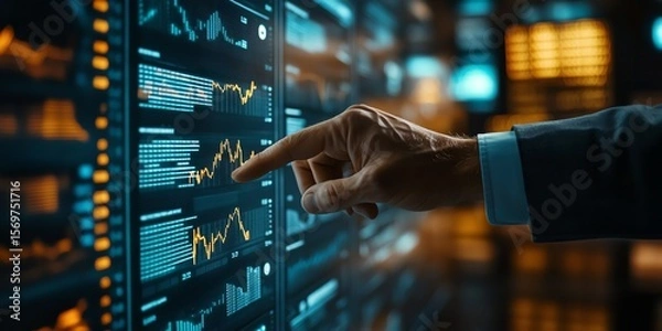 Fototapeta A person interacts with a digital touchscreen displaying financial charts and data in a modern, dimly lit trading or data analysis environment.