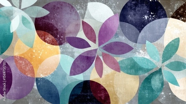 Fototapeta Vibrant abstract composition with overlapping circular and petal-like shapes in rich purple, teal, yellow, and beige, creating depth and layering.