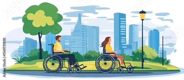Fototapeta Illustration depicting inclusive urban park with wheelchair users amidst cityscape