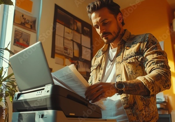 Fototapeta A man in a casual jacket stands by a printer, reviewing printed documents in a warmly lit room with a bulletin board in the background.