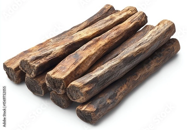 Fototapeta A stack of dried, rough brown sticks arranged in a pile on a white background.