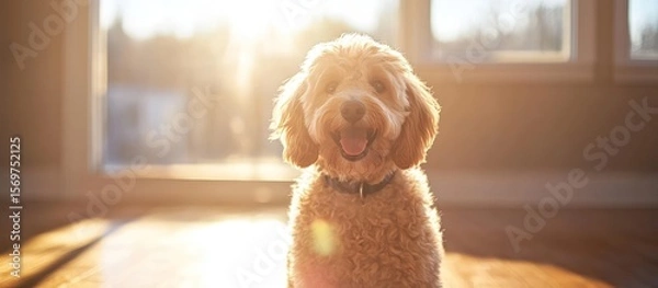 Fototapeta Adorable Goldendoodle sitting in a sunlit room enjoying a tranquil moment indoors