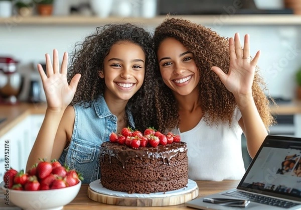 Fototapeta A smiling mother and daughter wave at a laptop during a video call, celebrating with a chocolate cake topped with strawberries in a bright kitchen.