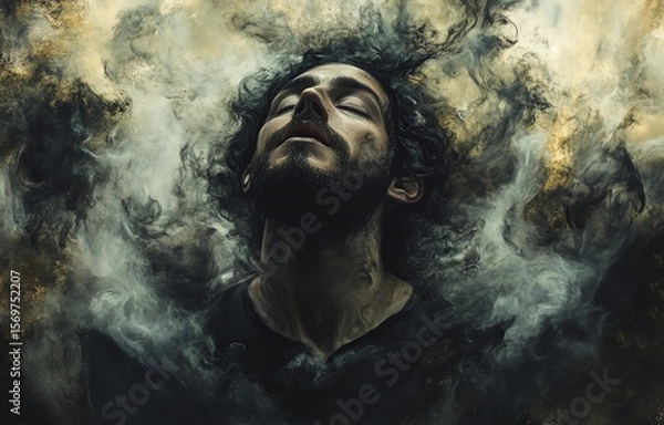 Fototapeta A bearded man with closed eyes is enveloped in swirling smoke, evoking a sense of mystery, introspection, and ethereal atmosphere.