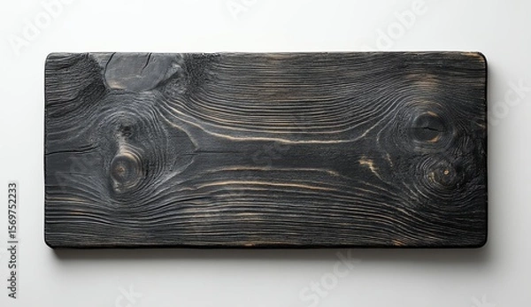 Fototapeta A rectangular wooden cutting board with a dark, charred finish showcasing visible wood grain patterns and knots.