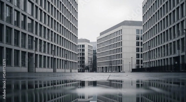 Fototapeta Reflective Urban Geometry: Modern Buildings Mirrored in Rain-Slicked Plaza