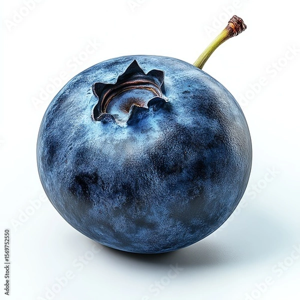 Fototapeta A close-up image of a ripe, plump blueberry with a textured surface and a small stem against a white background.