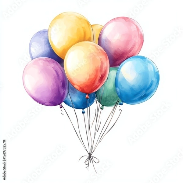 Fototapeta Colorful cluster of balloons tied together, floating upwards with a white background.