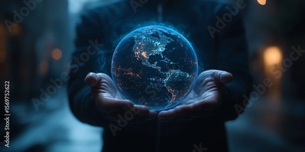 Fototapeta A person holds a glowing digital Earth, symbolizing global connection and technology in a dark, futuristic setting.