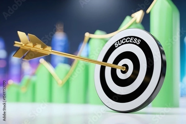 Fototapeta Golden arrow hitting success target bullseye with growth chart background 3D render business goal achievement concept marketing strategy