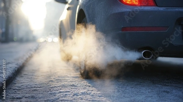 Fototapeta Thick exhaust fumes rising from a car's tailpipe on a cold morning with frosty pavement