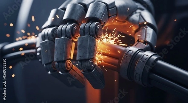Fototapeta Robotic Hand Sparks: Close-Up of Futuristic Metal Fingers with Fiery Glow