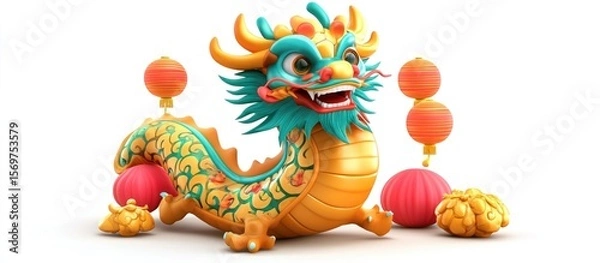 Fototapeta Vibrant three-dimensional dragon illustration with auspicious lanterns and golden accents