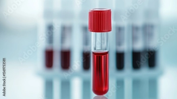 Fototapeta Analytical blood examination vial with vivid red color and laboratory diagnosis