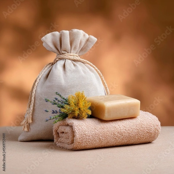 Fototapeta Handmade soap and organic therapy essentials home product photography cozy environment close-up view wellness concept