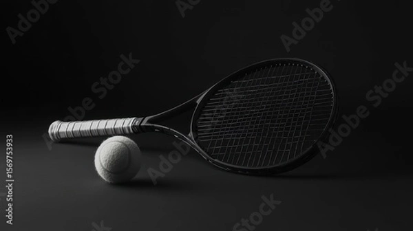 Fototapeta Monochromatic minimalist composition of a tennis racket and tennis ball on a dark backdrop