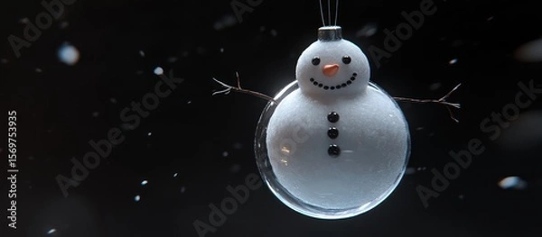 Fototapeta Snowman ornament in a glass sphere against a backdrop of softly falling snow