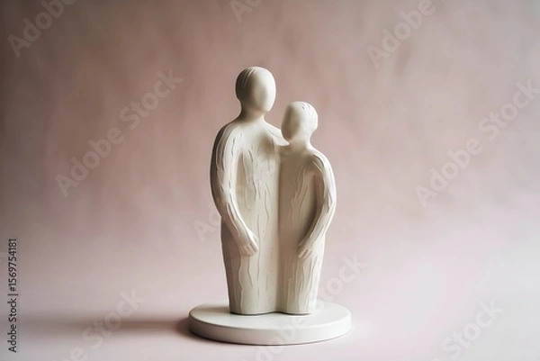 Fototapeta Minimalist white ceramic sculpture of two abstract figures embracing on circular base, modern art piece for home decor and relationship symbol