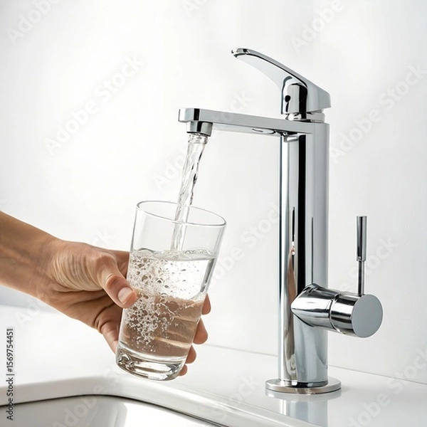 Fototapeta A hand pours water from a modern chrome faucet into a clear glass. The setting is a bright kitchen with a clean countertop.