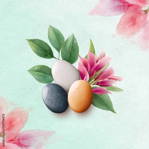 Fototapeta Calming smooth therapy stones on leafy background nature scene close-up tranquil environment serenity concept