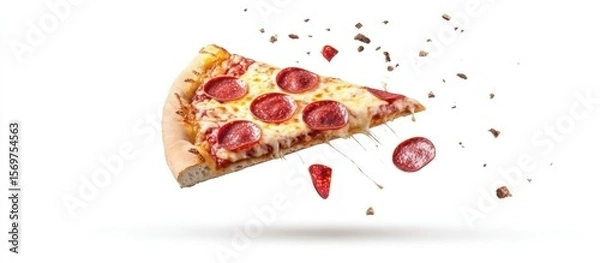 Fototapeta Floating Pizza Slice with Pepperoni and Dripping Cheese on a White Backdrop