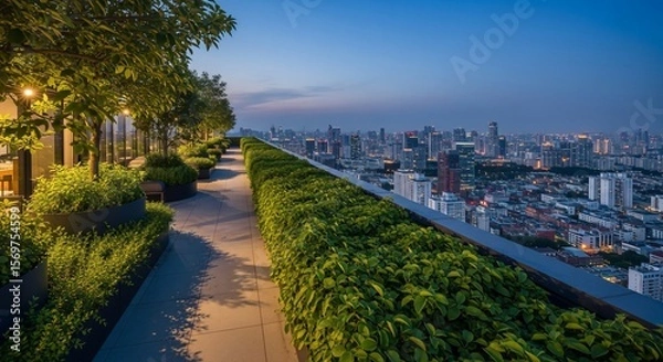 Fototapeta Rooftop Garden Oasis Overlooking Bangkok's Skyline at Twilight
