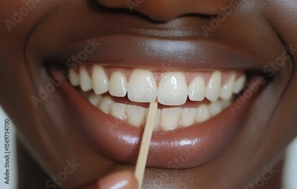Fototapeta Smiling person using a toothpick to clean teeth.